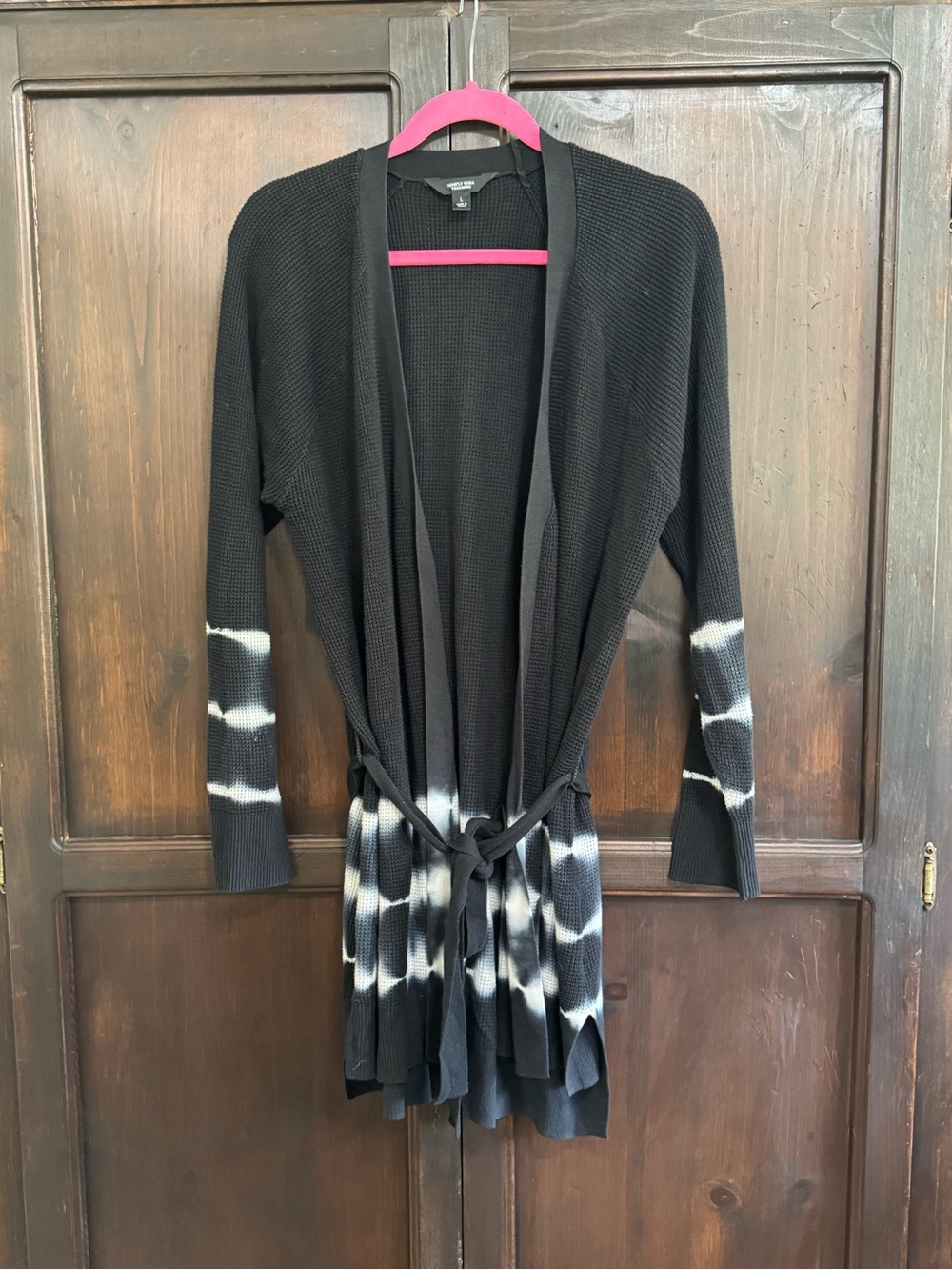 Simply Vera Wang Black Tie-Dye Cardigan Sweater waffle knit Large Lagenlook